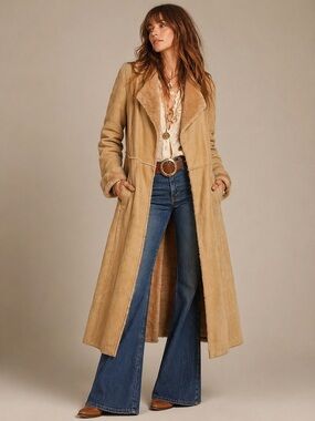 Vintage Tan genuine suede shearling duster long jacket size medium Coat Camel